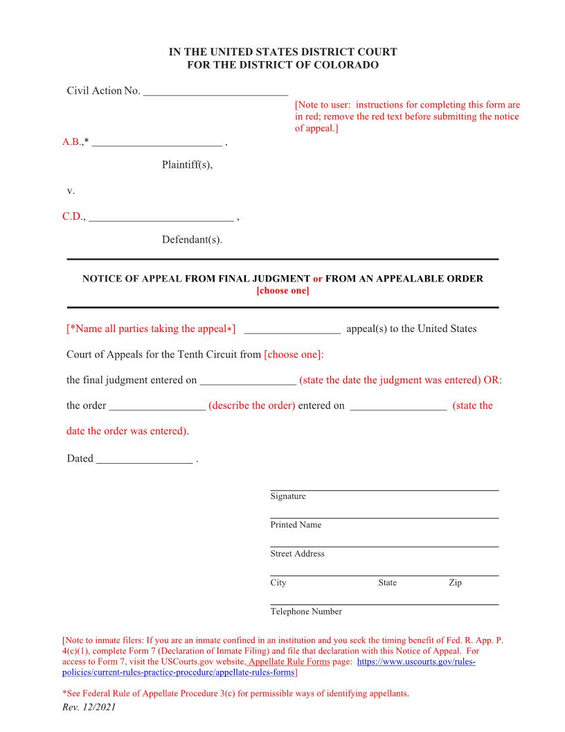Notice Of Appeal - Civil | Pdf Fpdf Docx | Colorado