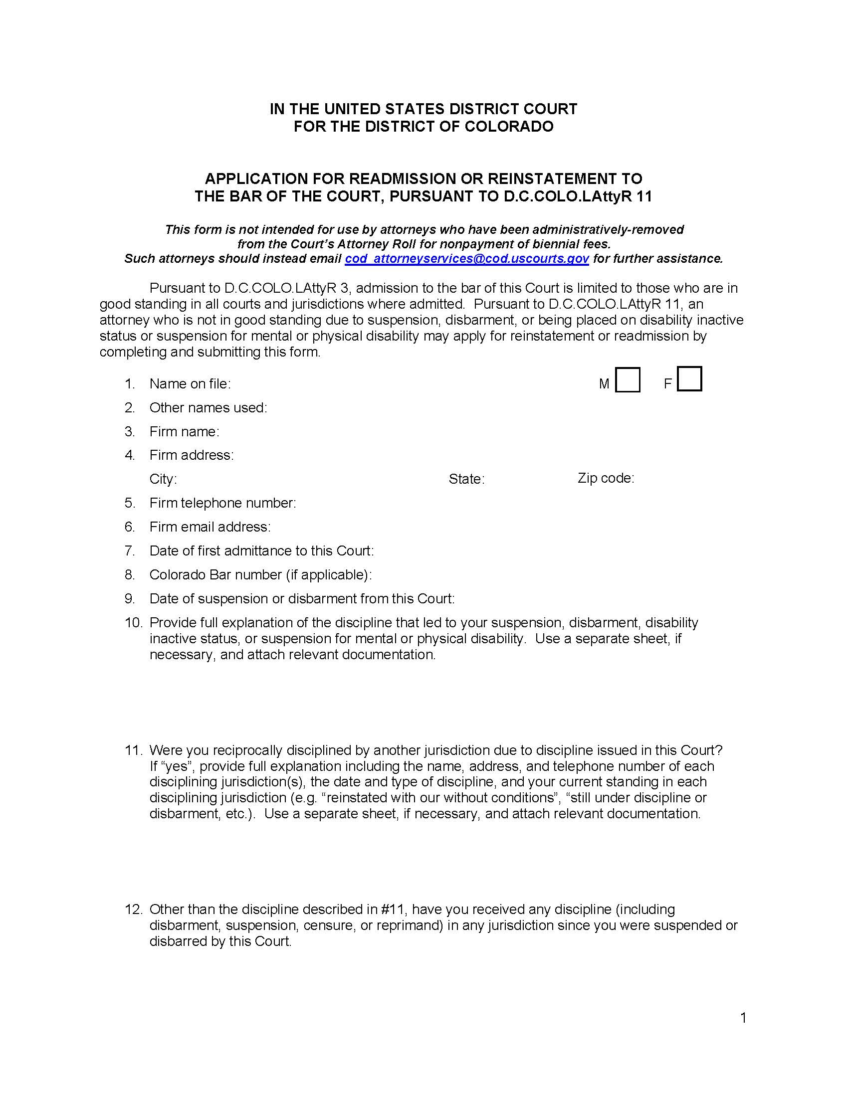 Application For Readmission Or Reinstatement To The Bar | Pdf Fpdf Docx | Colorado