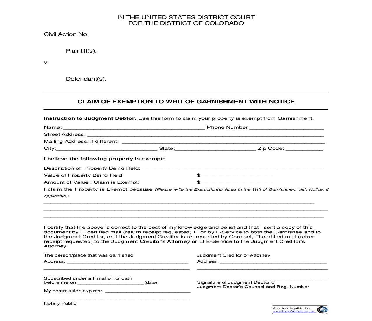 Claim Of Exemption To Writ Of Garnishment With Notice | Pdf Fpdf Doc Docx | Colorado