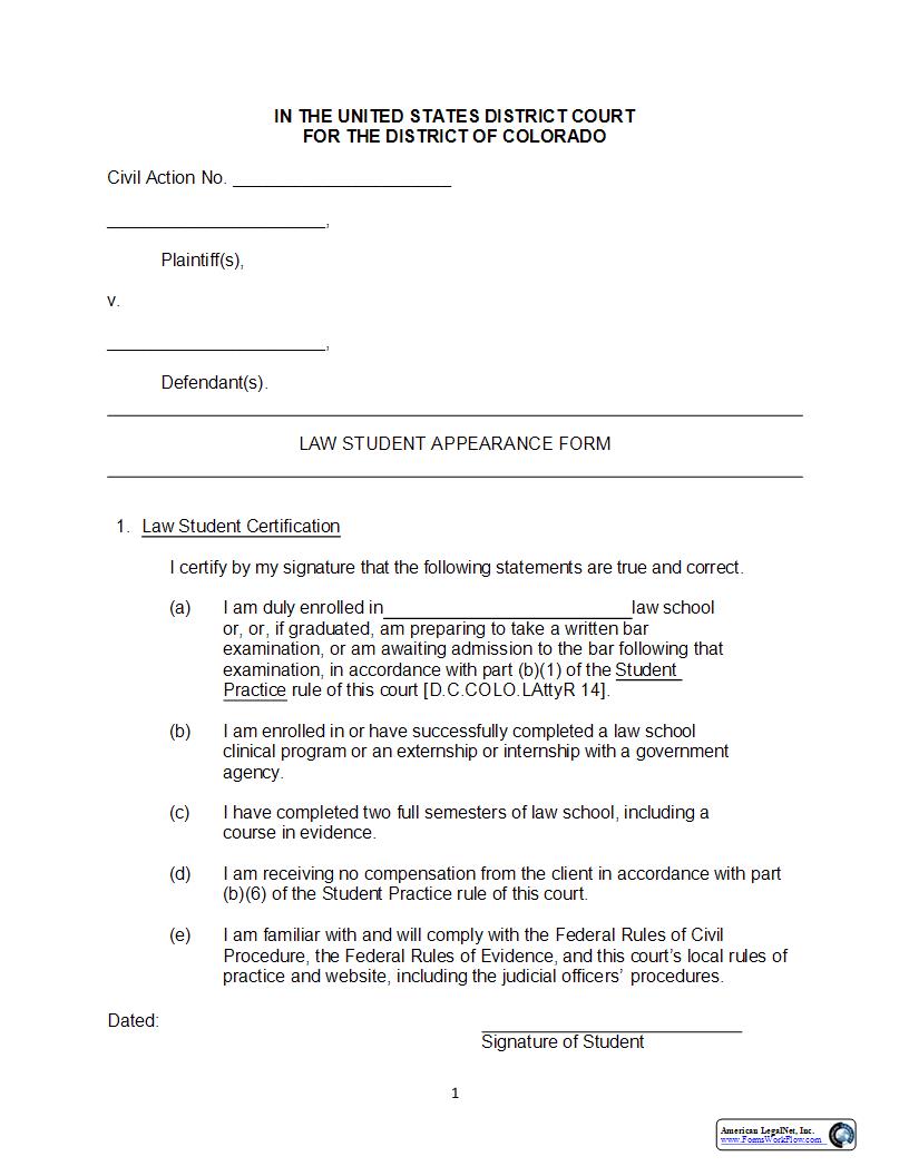 Law Student Appearance Form | Pdf Fpdf Docx | Colorado