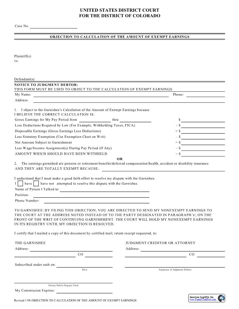 Objection To Calculation Of Amount Of Exempt Earnings | Pdf Fpdf Docx | Colorado