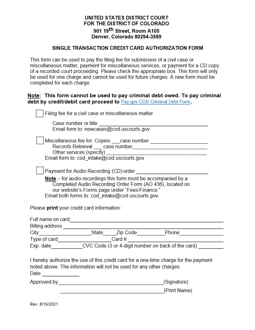 Single Transaction Credit Card Authorization Form | Pdf Fpdf Docx | Colorado