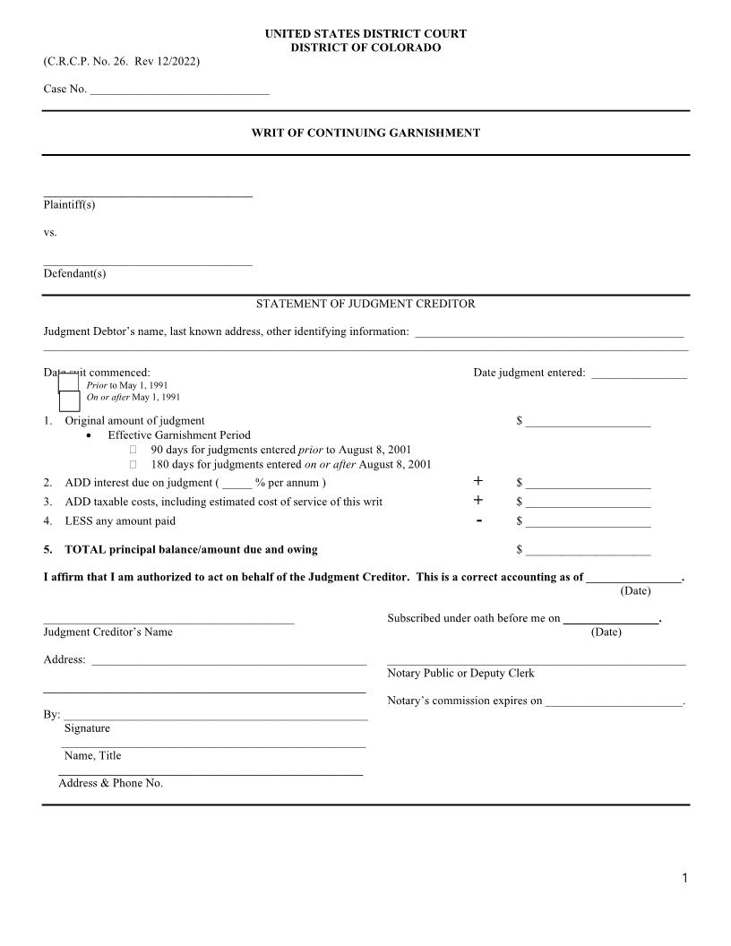 Writ Of Continuing Garnishment {26} | Pdf Fpdf Docx | Colorado