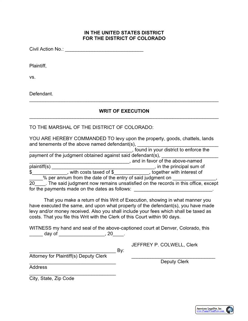 Writ Of Execution | Pdf Fpdf Docx | Colorado