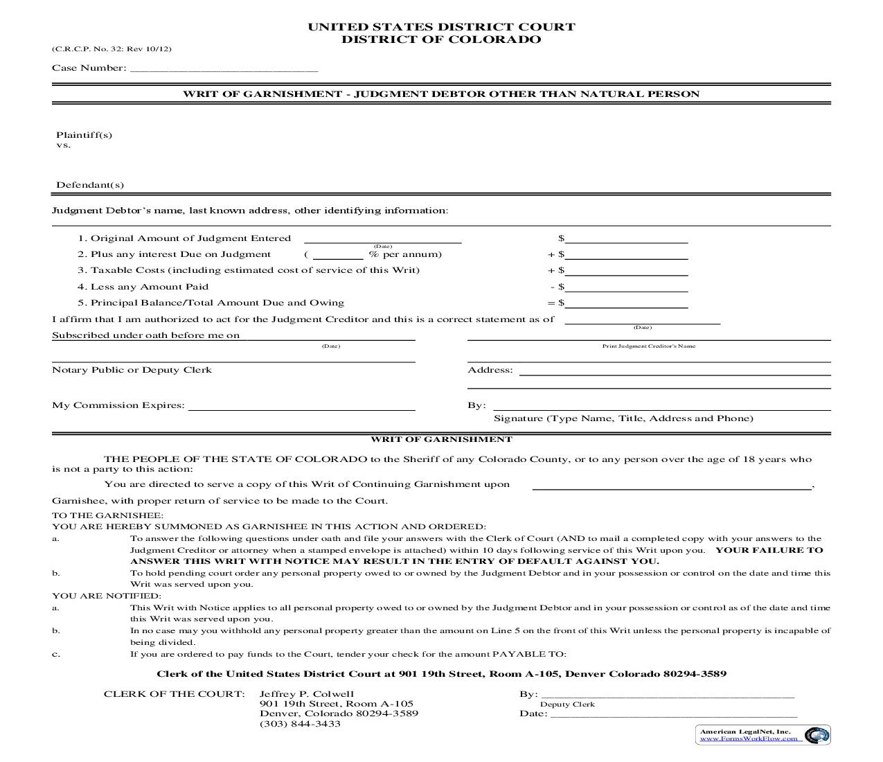 Writ Of Garnishment - Judgment Debtor Other Than Natural Person | Pdf Fpdf Doc Docx | Colorado