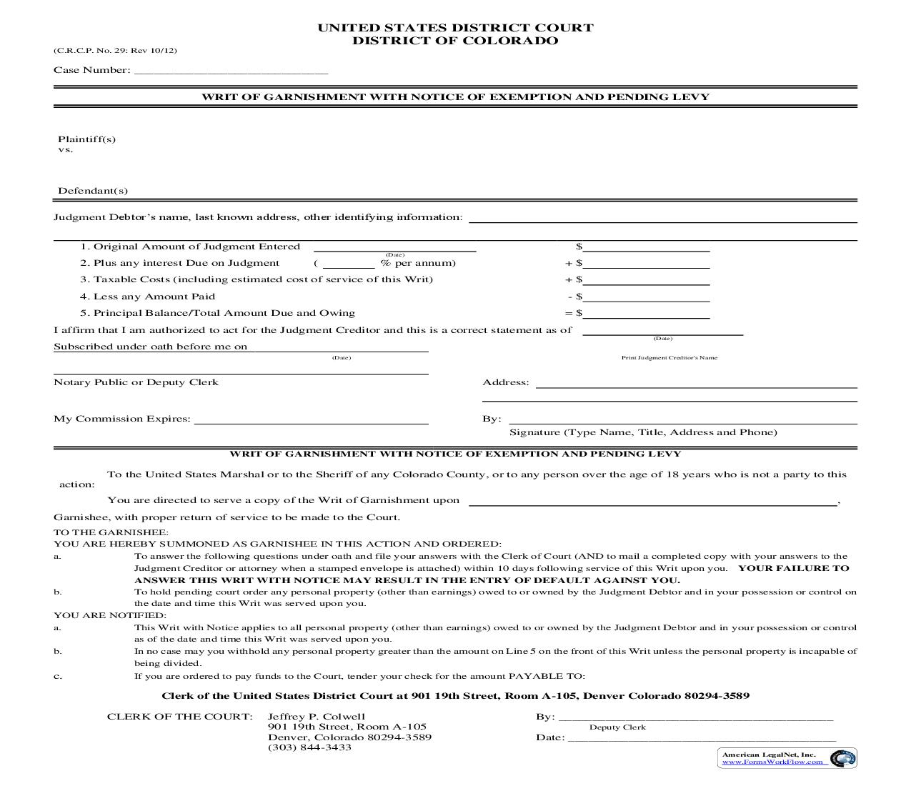 Writ Of Garnishment With Notice Of Exemption And Pending Levy | Pdf Fpdf Doc Docx | Colorado