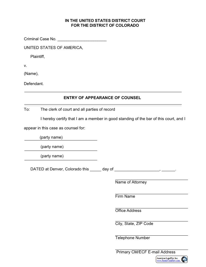 Entry Of Appearance Of Counsel For Defendant | Pdf Fpdf Docx | Colorado