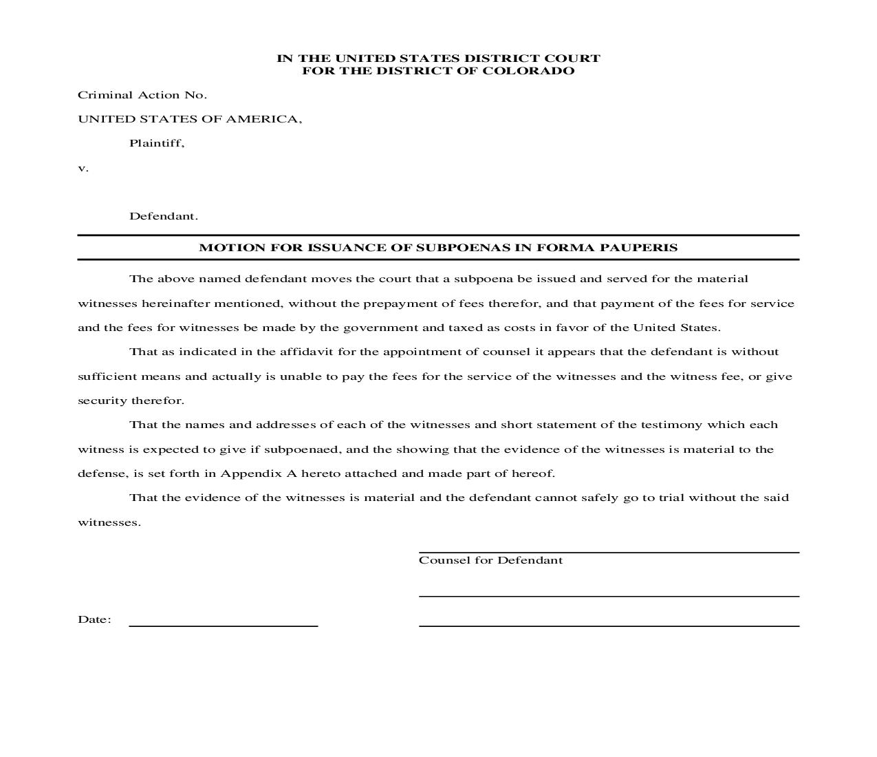 Motion For Issuance Of Subpoenas In Forma Pauperis | Pdf Fpdf Doc Docx | Colorado