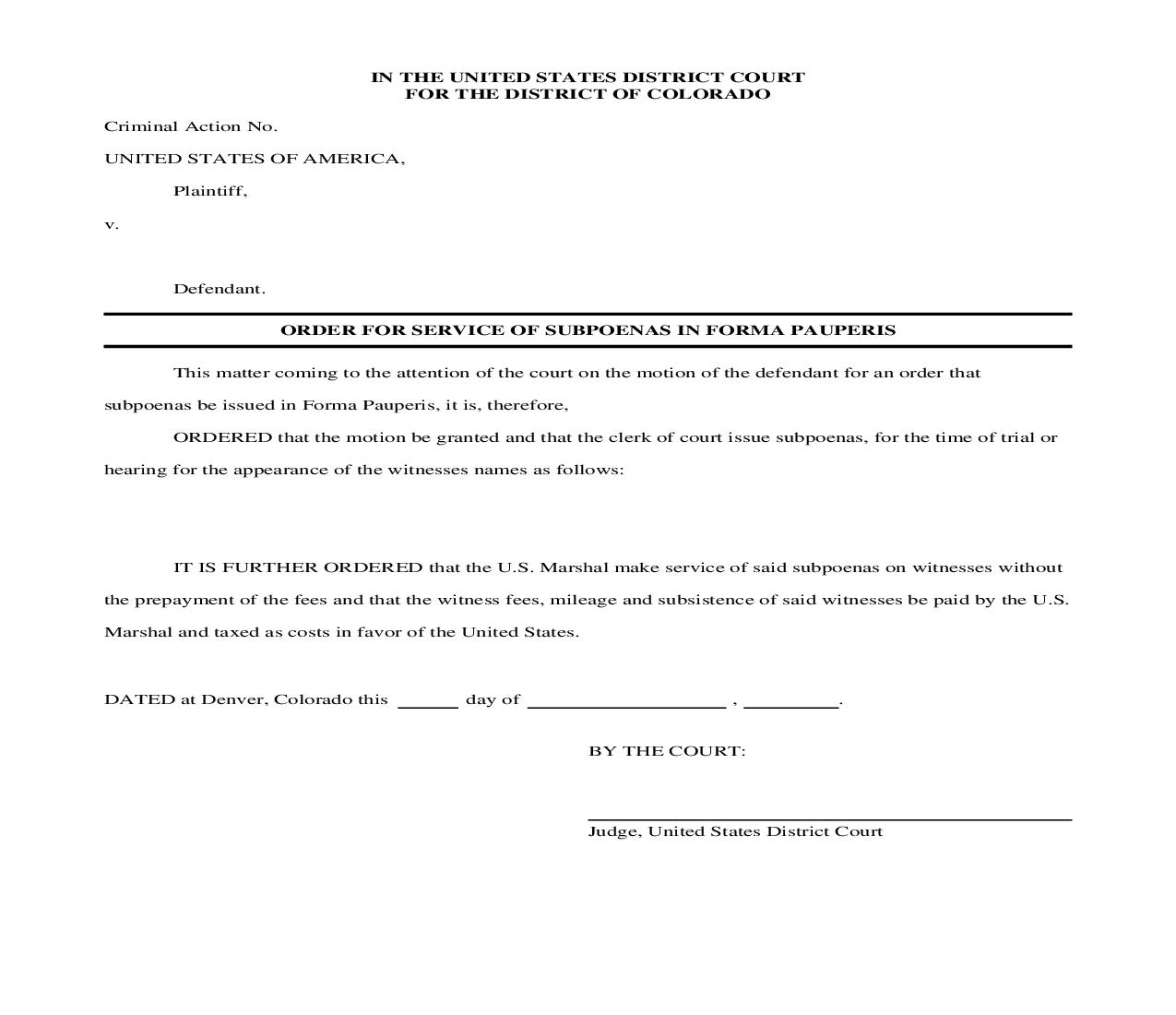 Order For Service Of Subpoenas In Forma Pauperis | Pdf Fpdf Doc Docx | Colorado