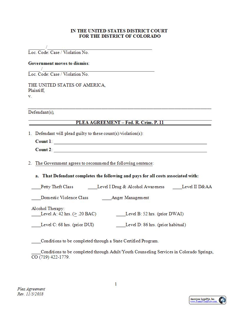 Plea Agreement - Misdemeanor - Fed.R.Crim.P. 11(c)(1)(B) | Pdf Fpdf Docx | Colorado