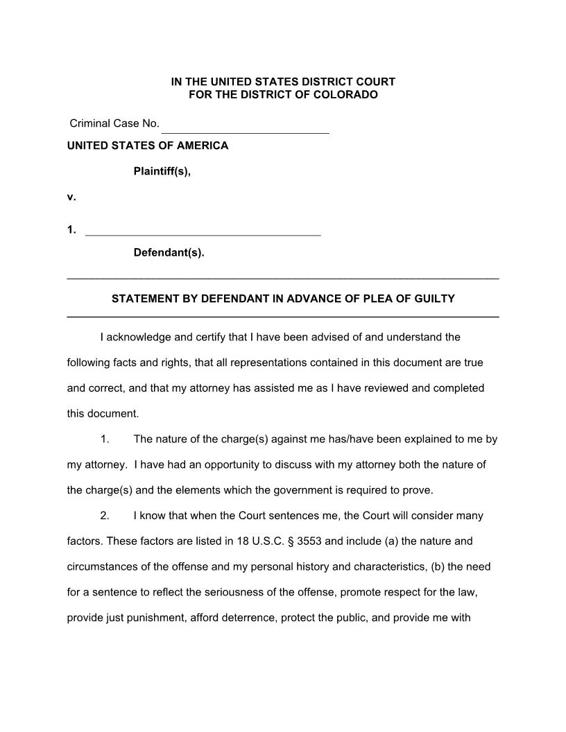 Statement By Defendant In Advance Of Plea Of Guilty | Pdf Fpdf Doc Docx | Colorado