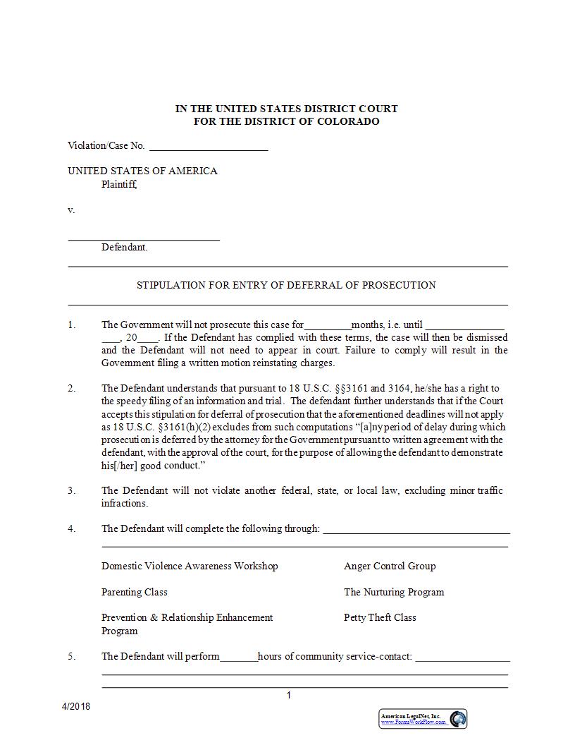 Stipulation For Entry Of Deferral Of Prosecution | Pdf Fpdf Docx | Colorado