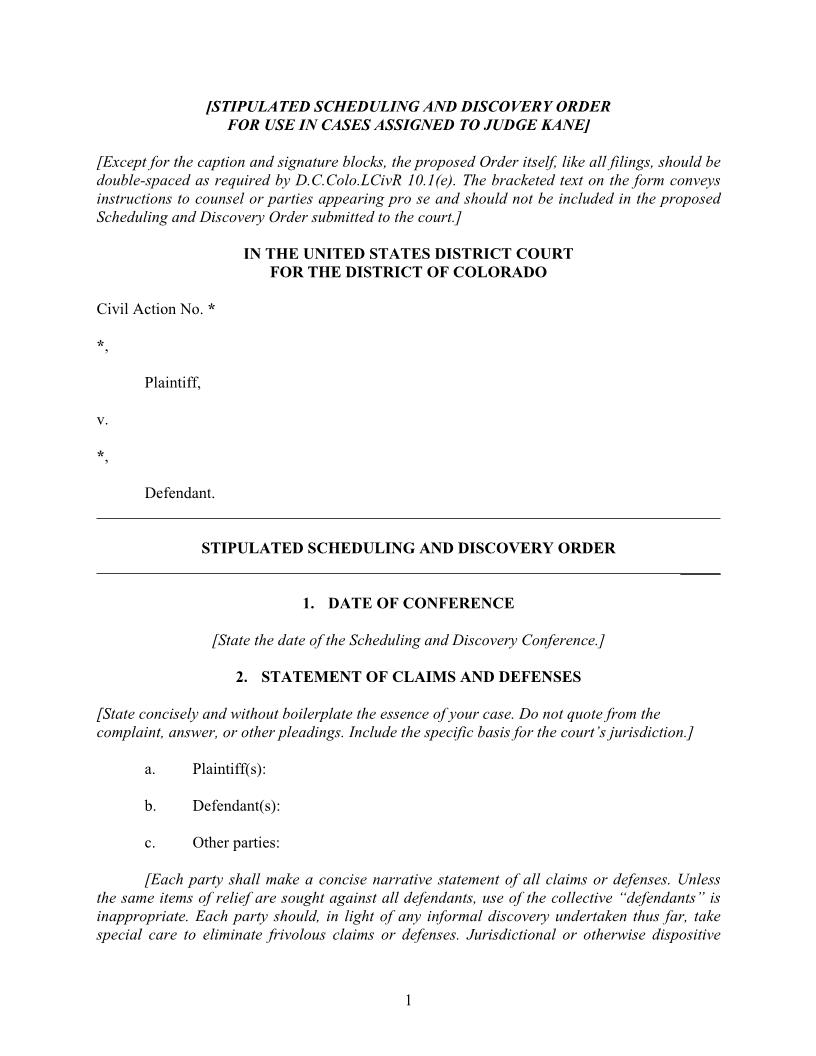Stipulated Scheduling And Discovery Order - Attachment A (Judge Kane) | Pdf Fpdf Doc Docx | Colorado