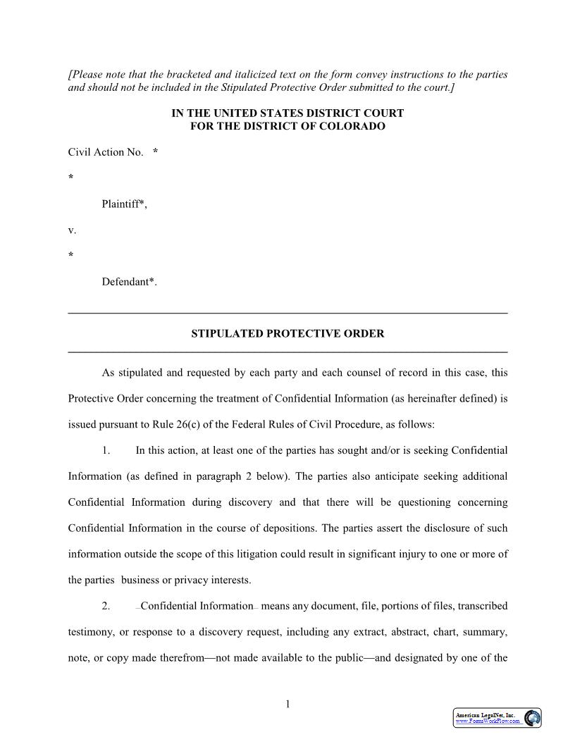 Stipulation, Protective Order And Affidavit (Judge Kane) | Pdf Fpdf Docx | Colorado