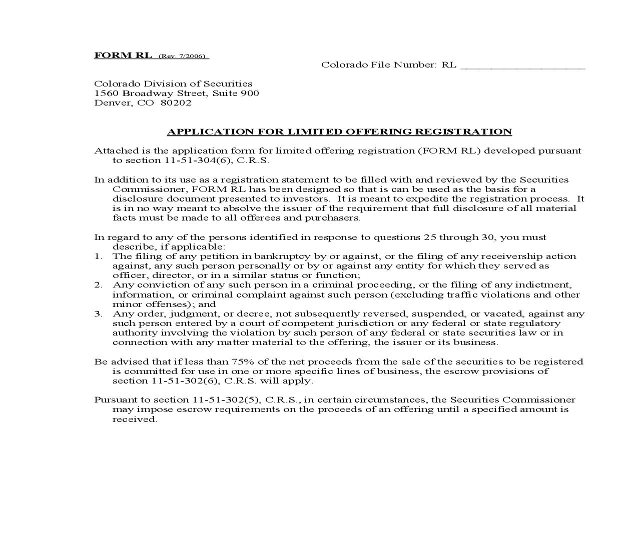 Application For Limited Offering Registration {RL} | Pdf Fpdf Doc Docx | Colorado