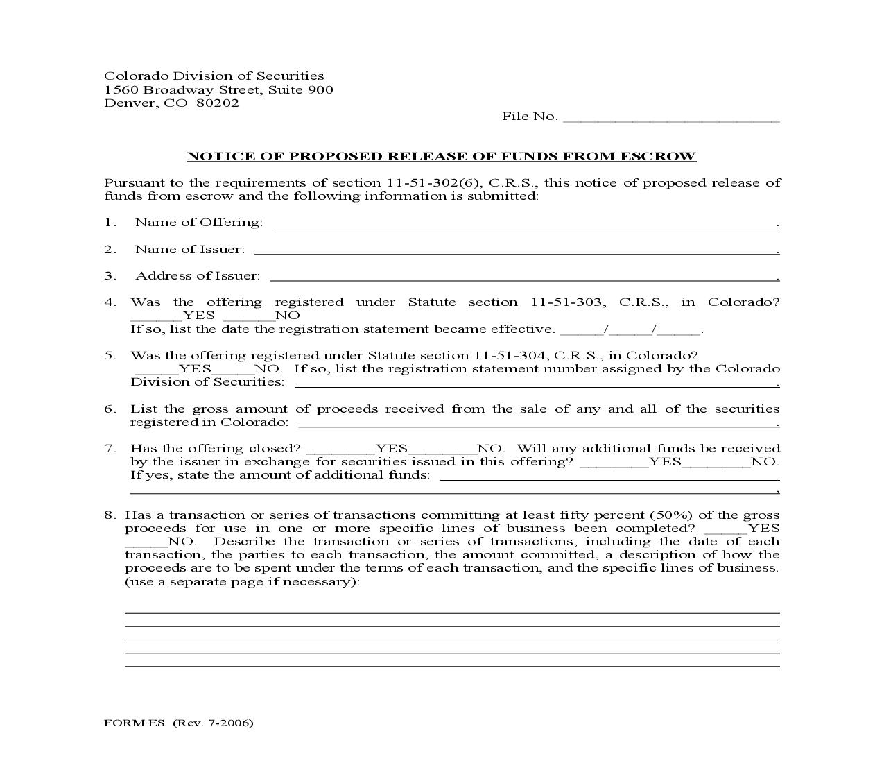 Notice Of Proposed Release Of Funds From Escrow {ES} | Pdf Fpdf Doc Docx | Colorado