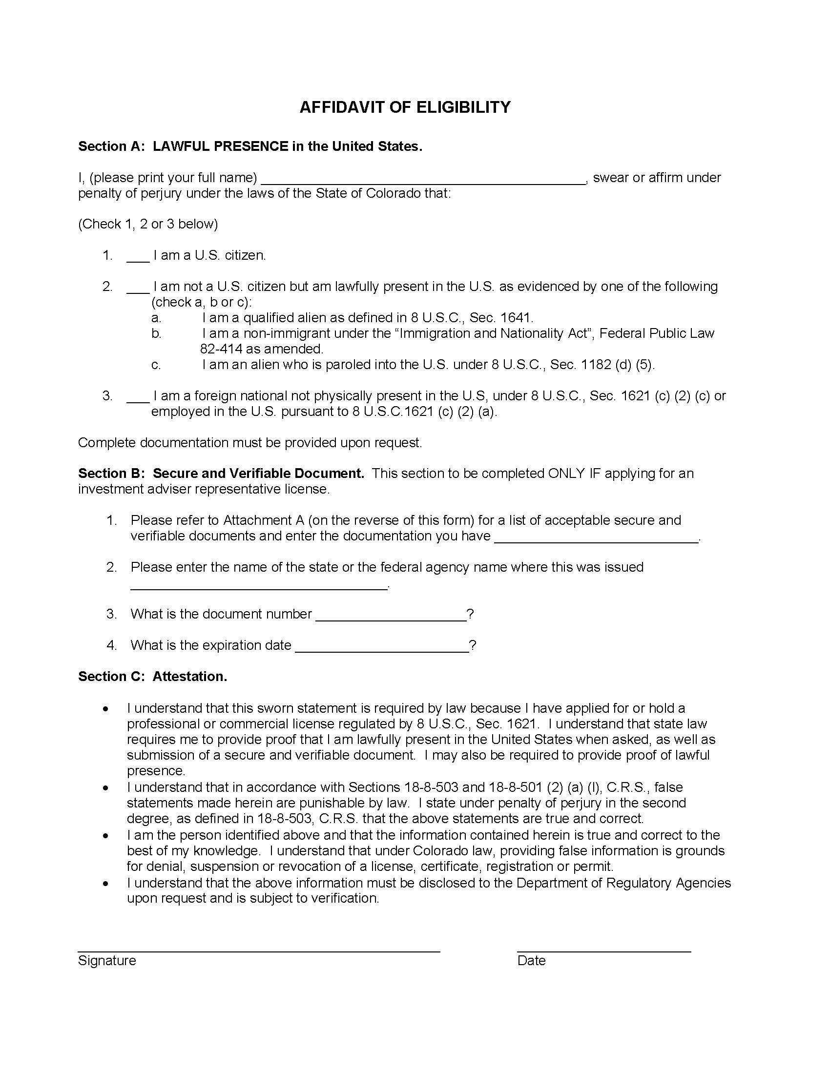 Affidavit Of Eligibility With Attachment A (Secure And Verifiable Documents) | Pdf Fpdf Doc Docx | Colorado