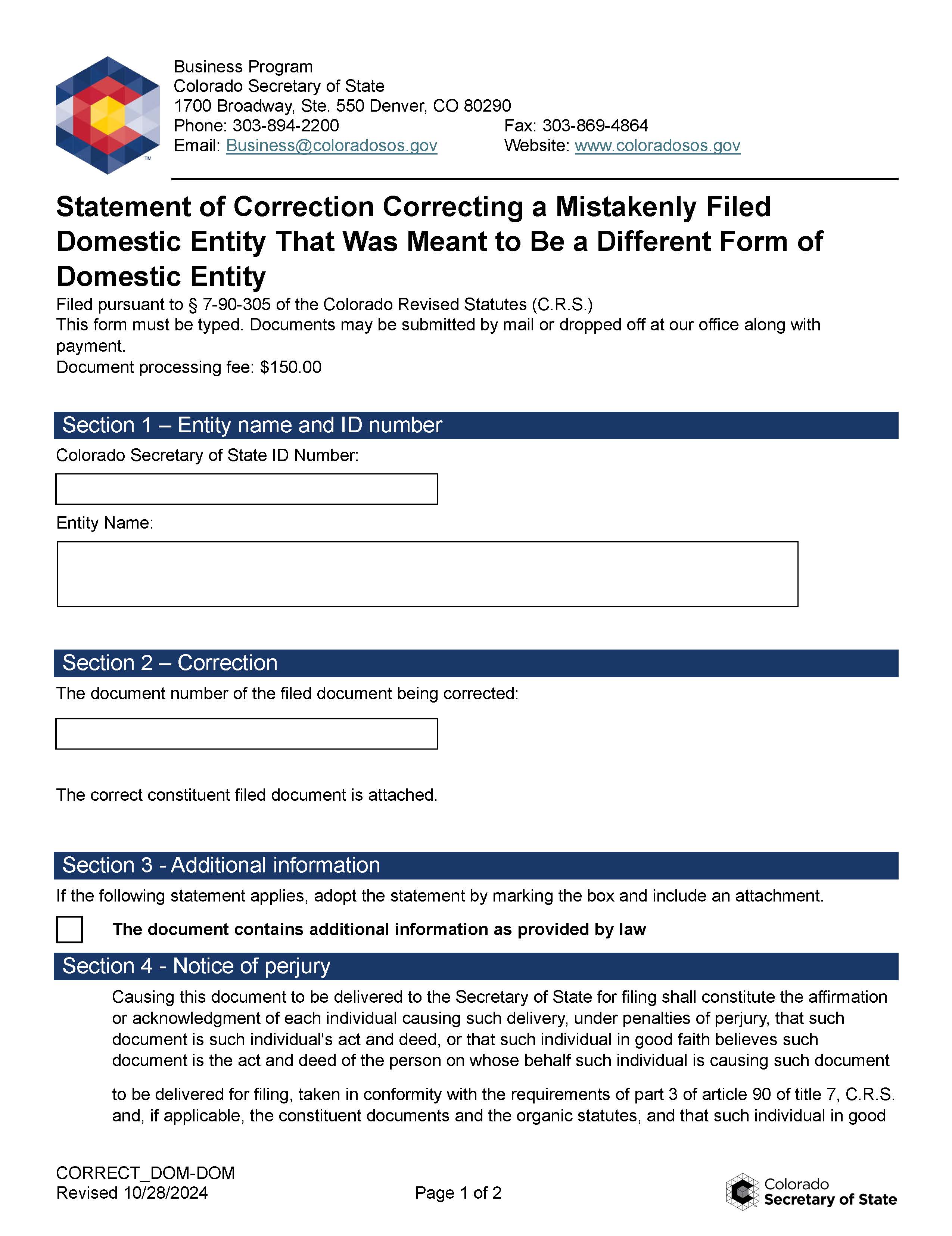 Statement Of Correction (Wrong Entity Type) LCA | Pdf Fpdf Docx | Colorado