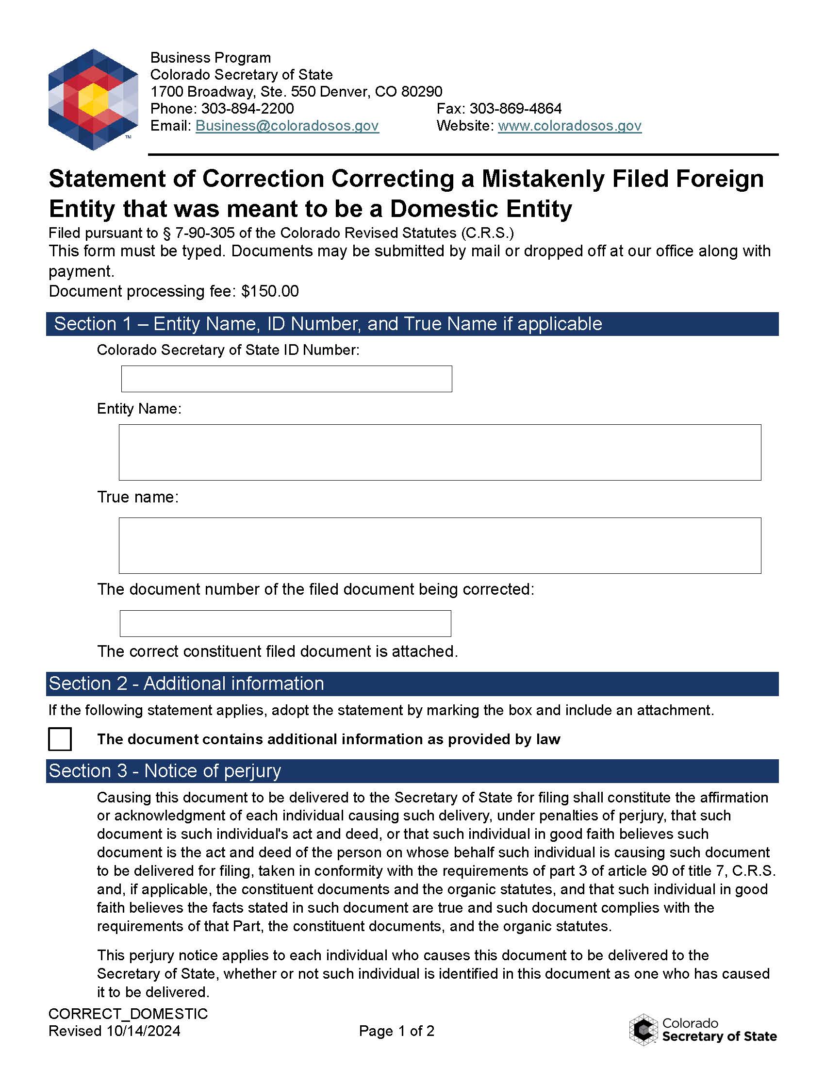 Statement Of Correction Foreign To Domestic Entity - 55 Co-op | Pdf Fpdf Docx | Colorado