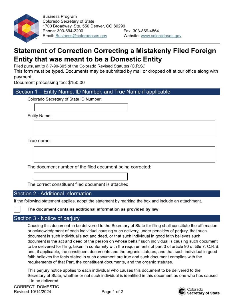 Statement Of Correction Foreign To Domestic Entity - LCA | Pdf Fpdf Docx | Colorado