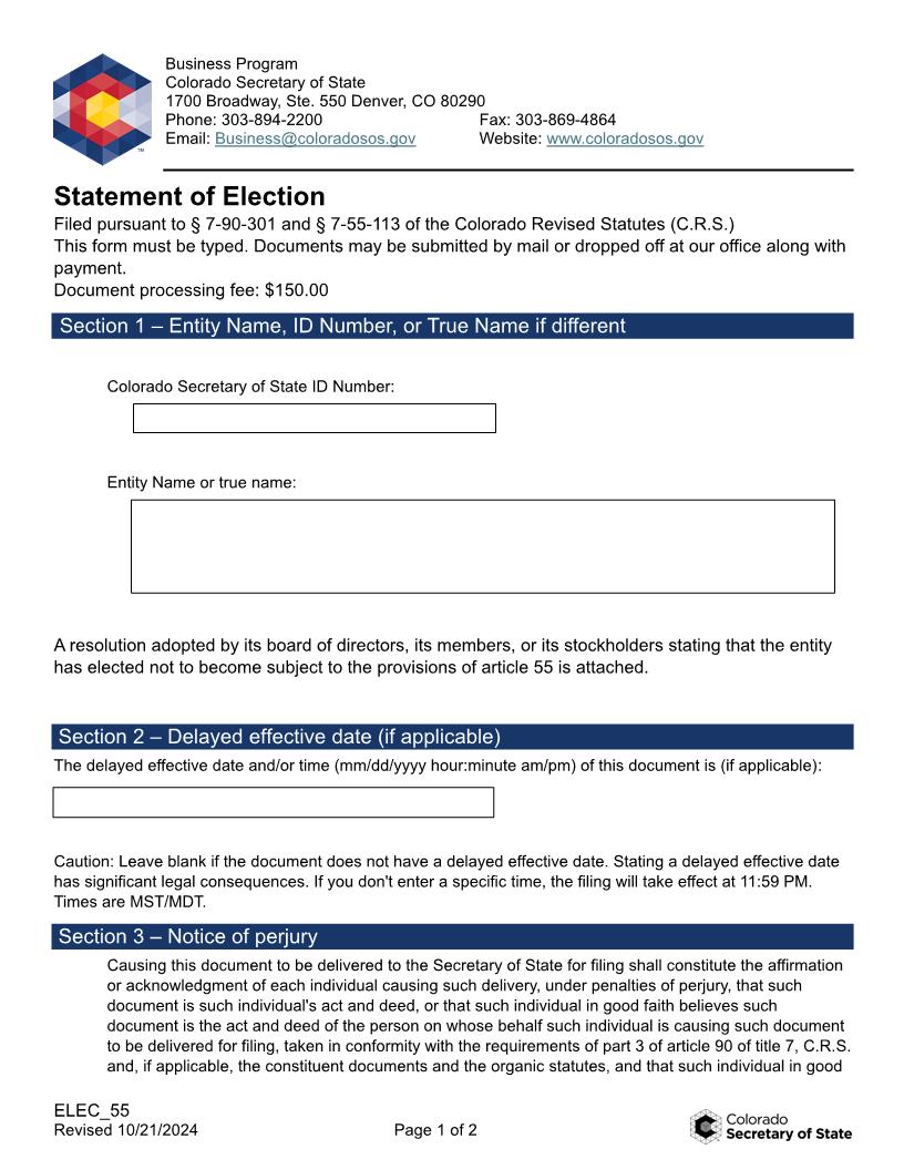 Statement Of Election ( 55 Cooperative Associations) | Pdf Fpdf Doc Docx | Colorado