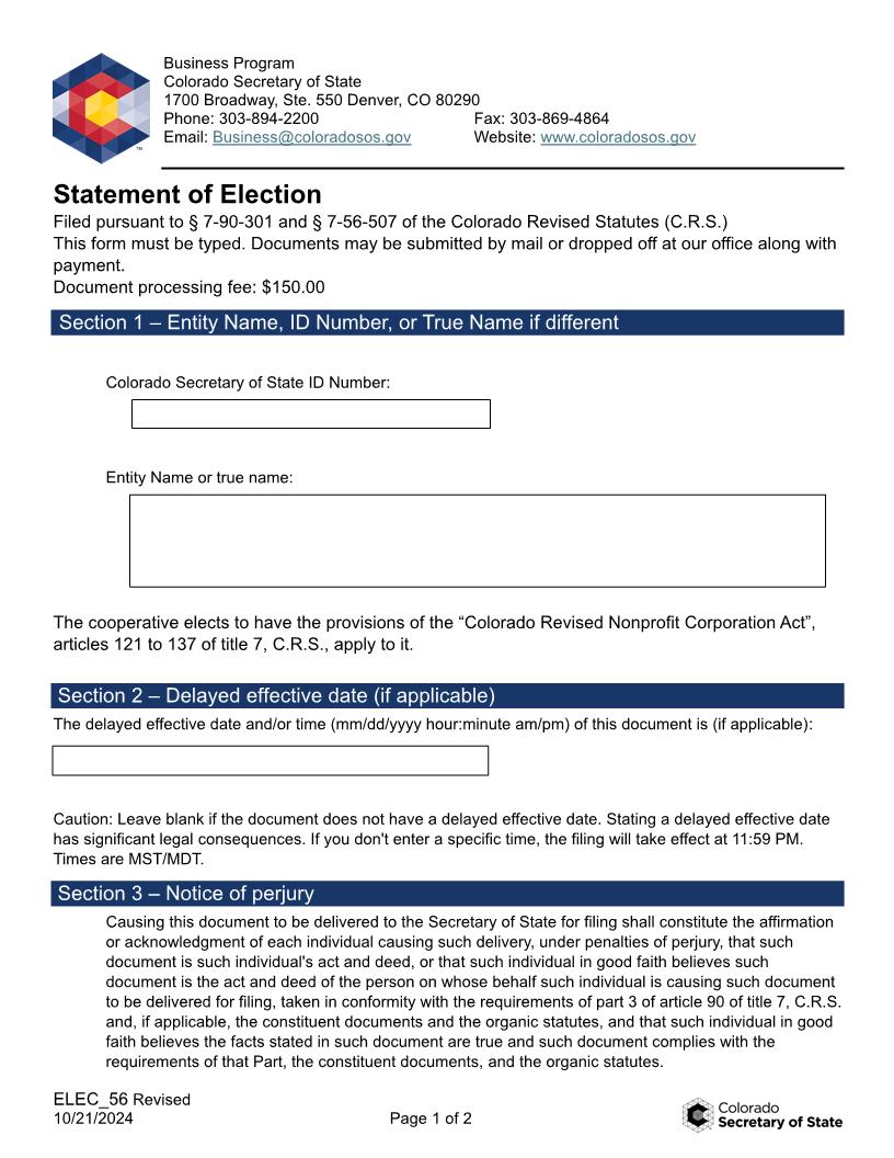 Statement Of Election (56 Cooperatives) | Pdf Fpdf Doc Docx | Colorado