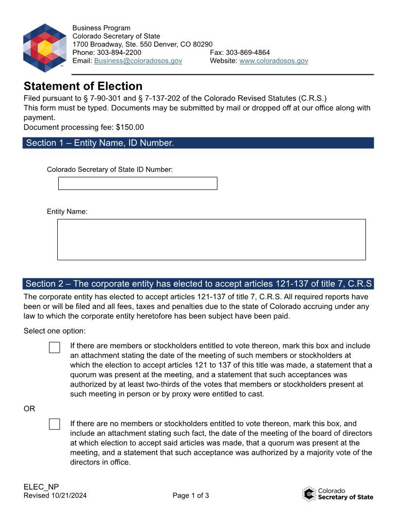 Statement Of Election (Nonprofit Corporation) | Pdf Fpdf Doc Docx | Colorado