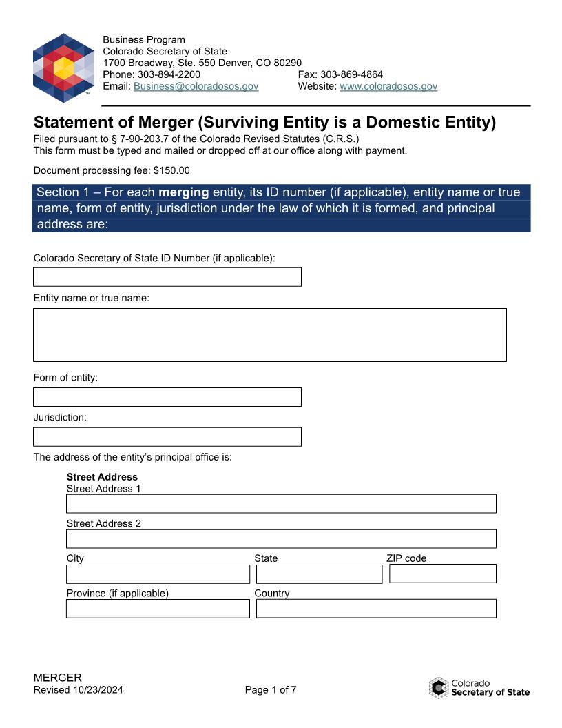 Statement Of Merger (Surviving Entity Is A Domestic Entity) | Pdf Fpdf Doc Docx | Colorado