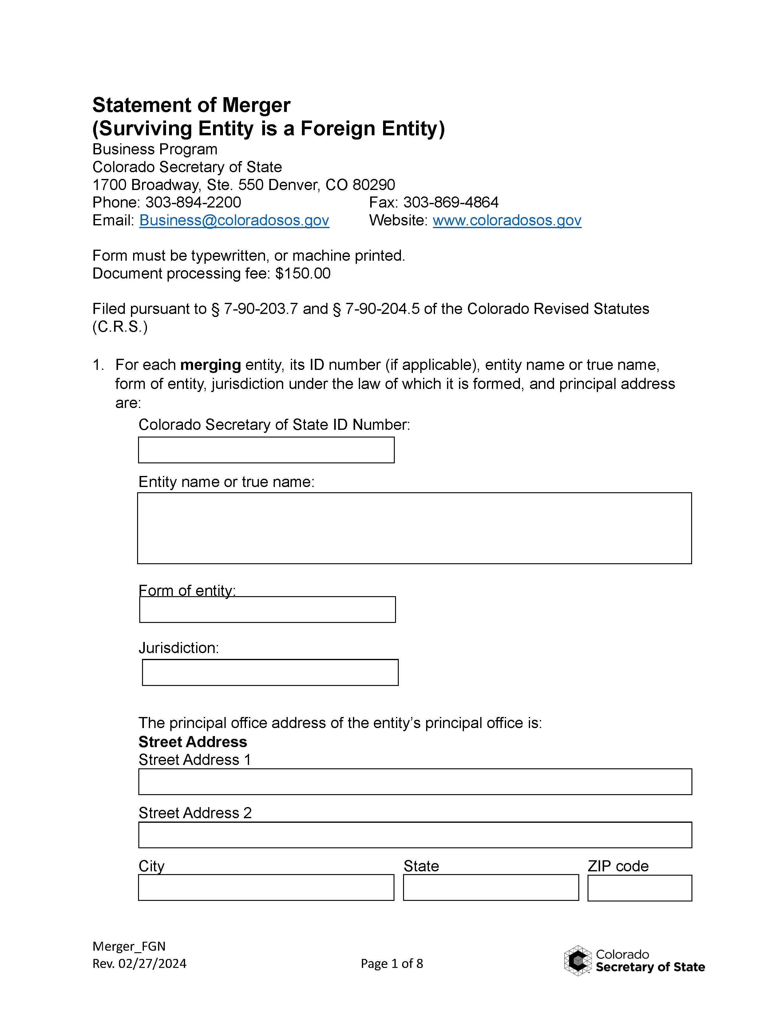 Statement Of Merger (Surviving Entity Is A Foreign Entity) | Pdf Fpdf Doc Docx | Colorado