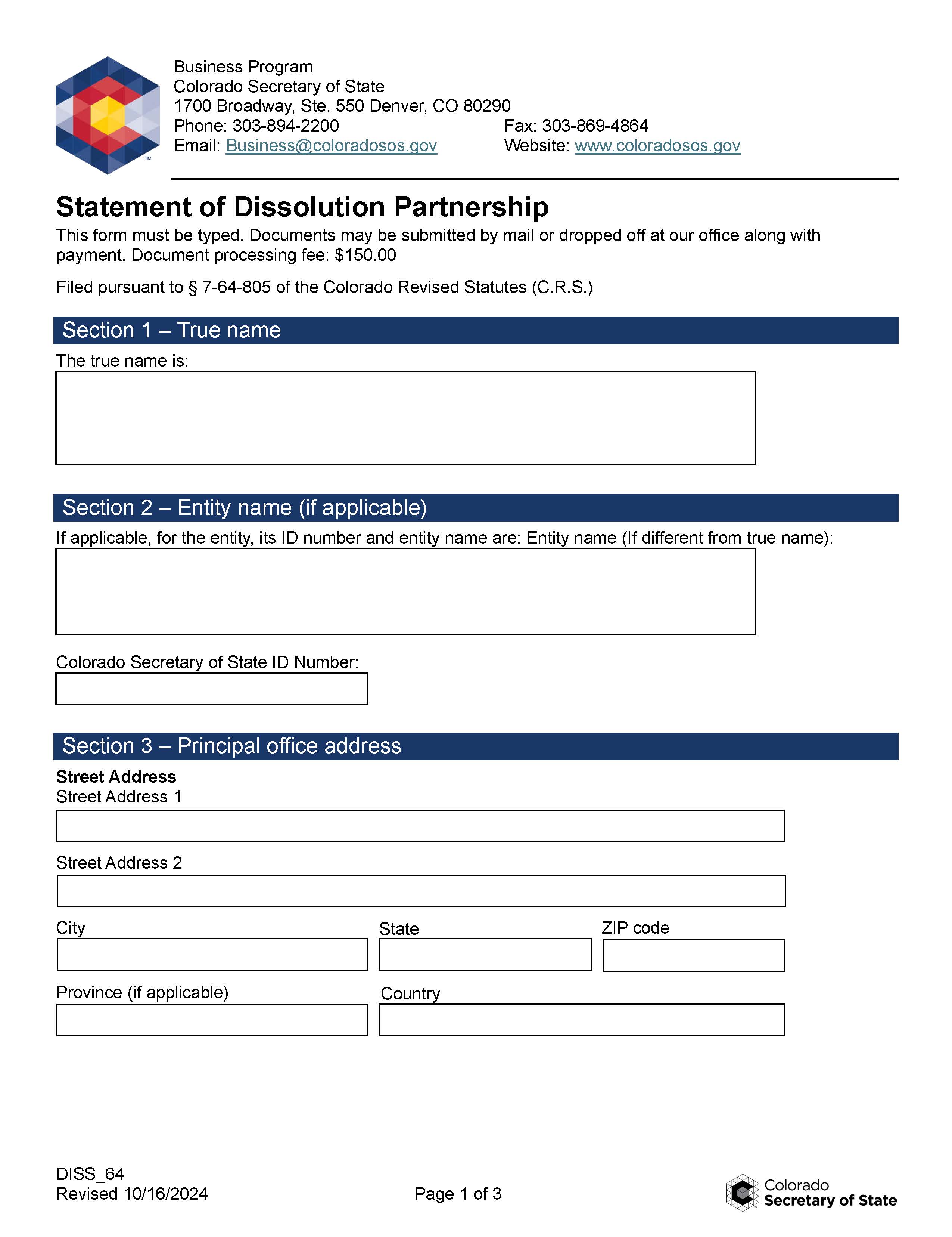Statement Of Dissolution (For An Article 64 Partnership) | Pdf Fpdf Docx | Colorado