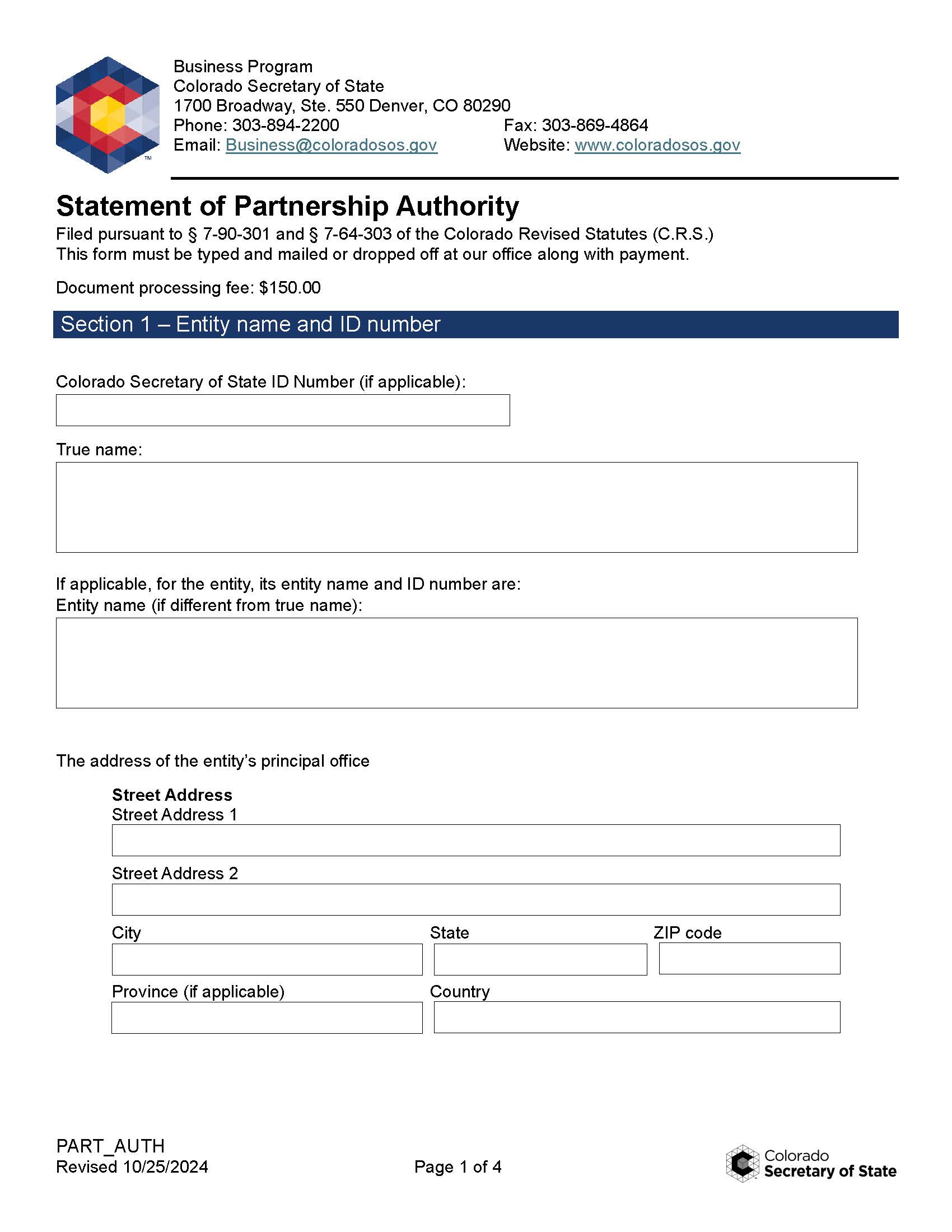 Statement Of Partnership Authority | Pdf Fpdf Docx | Colorado