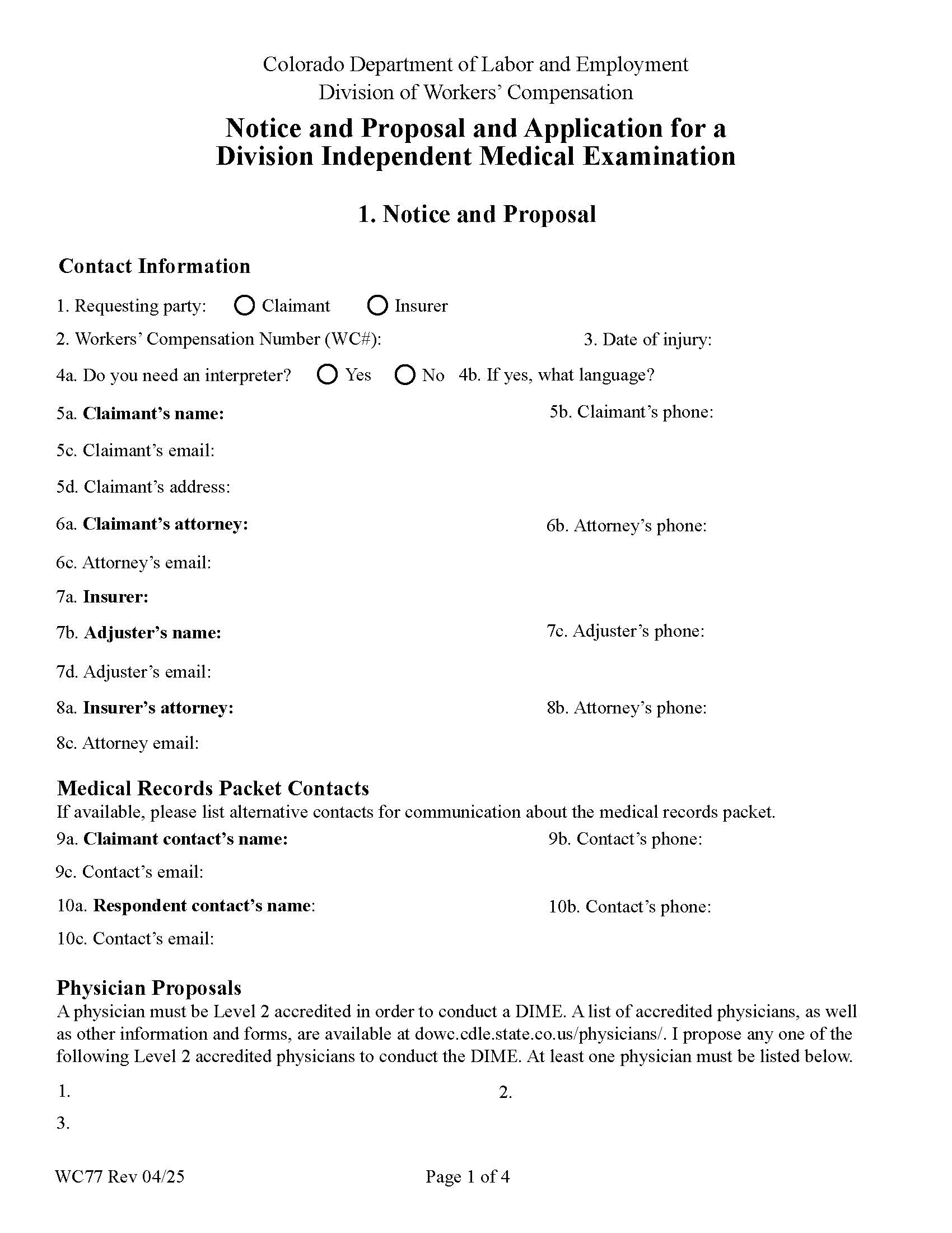 Application For A Division Independent Medical Examination (IME) {WC77} | Pdf Fpdf Docx | Colorado