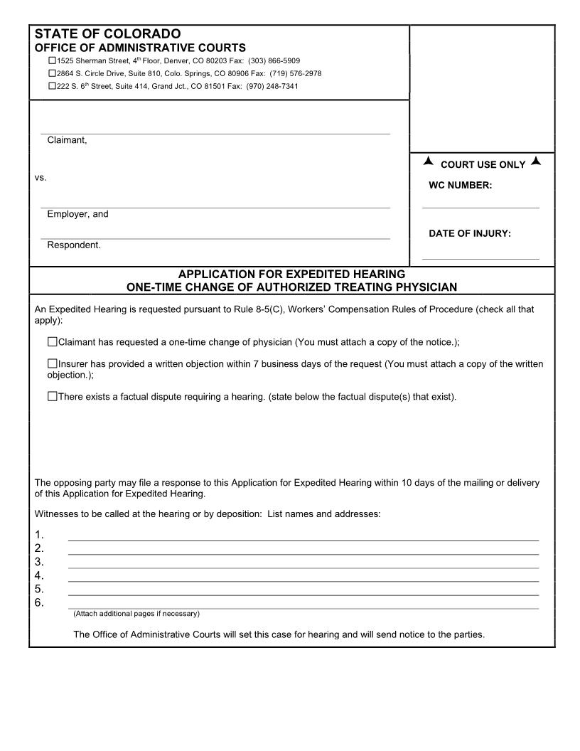 Application For Expedited Hearing - One Time Change Of Authorized Treating Physician | Pdf Fpdf Docx | Colorado