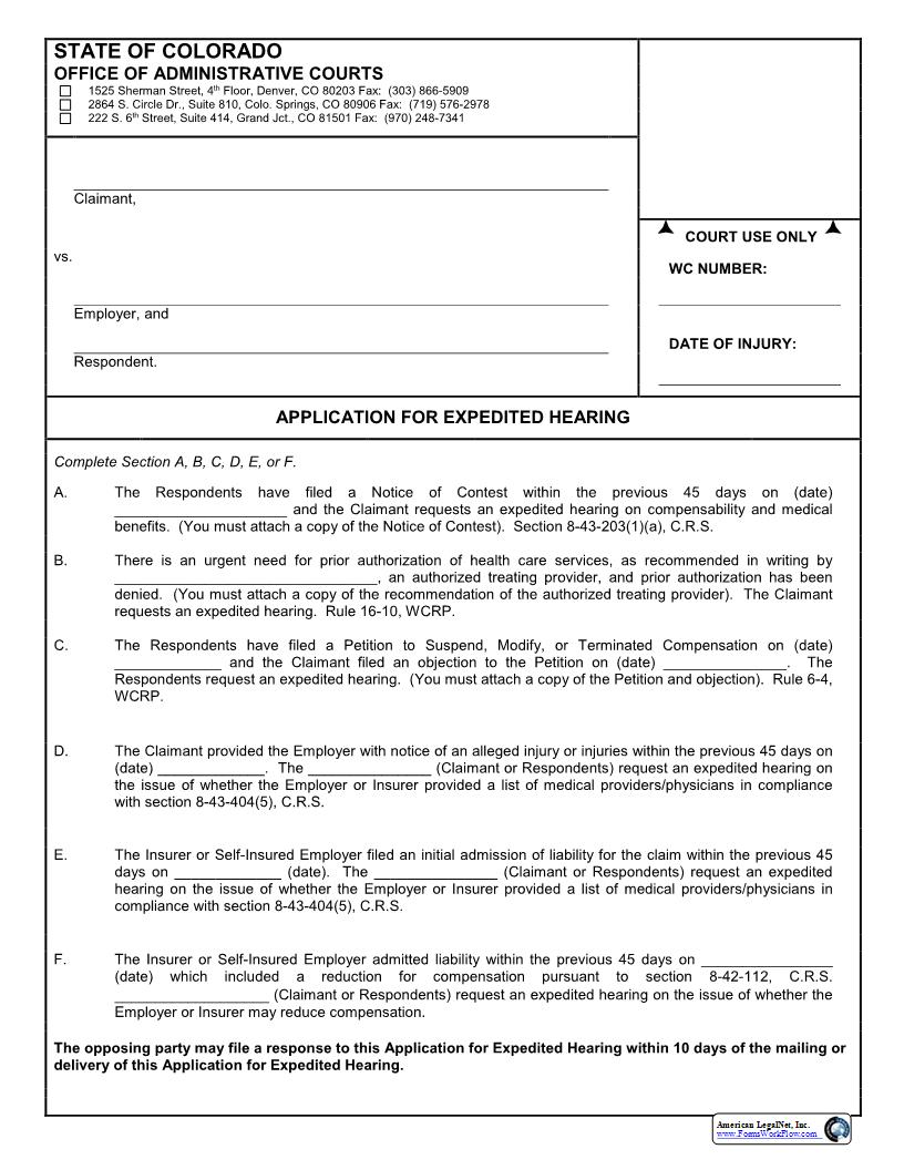 Application For Expedited Hearing | Pdf Fpdf Docx | Colorado