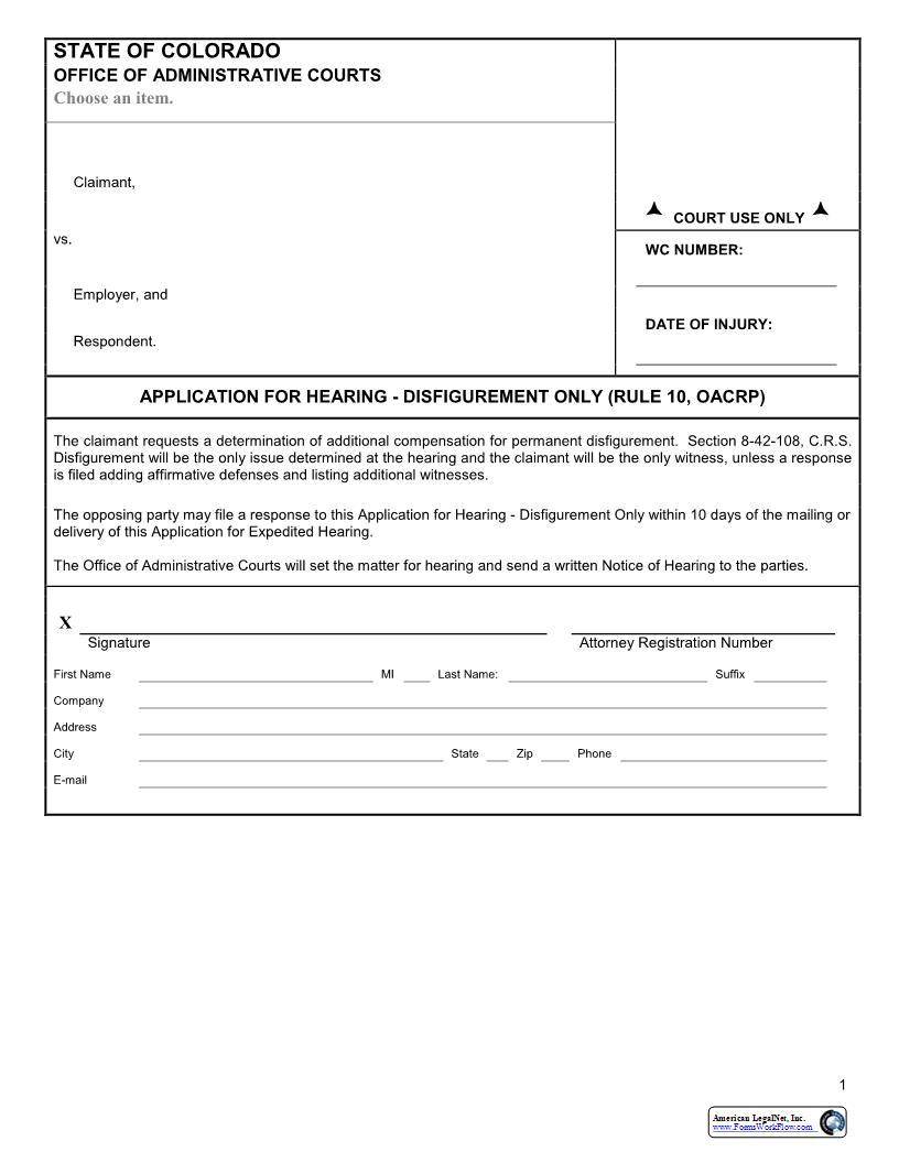 Application For Hearing - Disfigurement Only (Rule 10, OACRP) | Pdf Fpdf Docx | Colorado