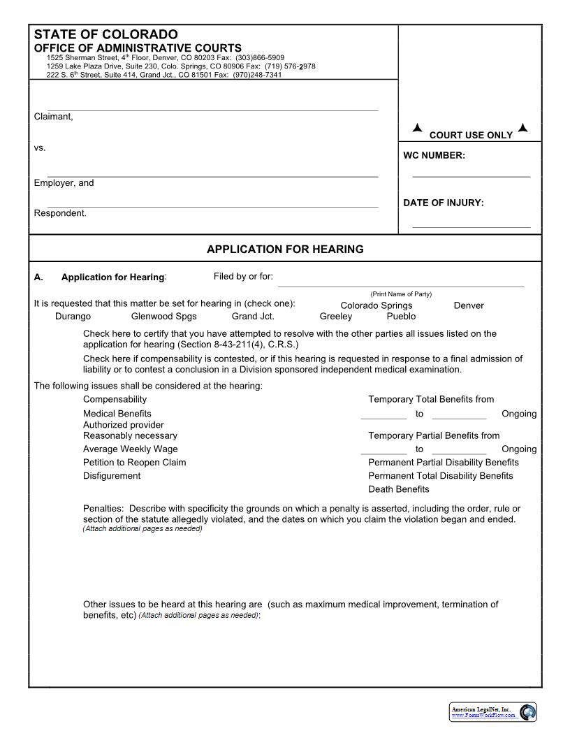 Application For Hearing | Pdf Fpdf Docx | Colorado