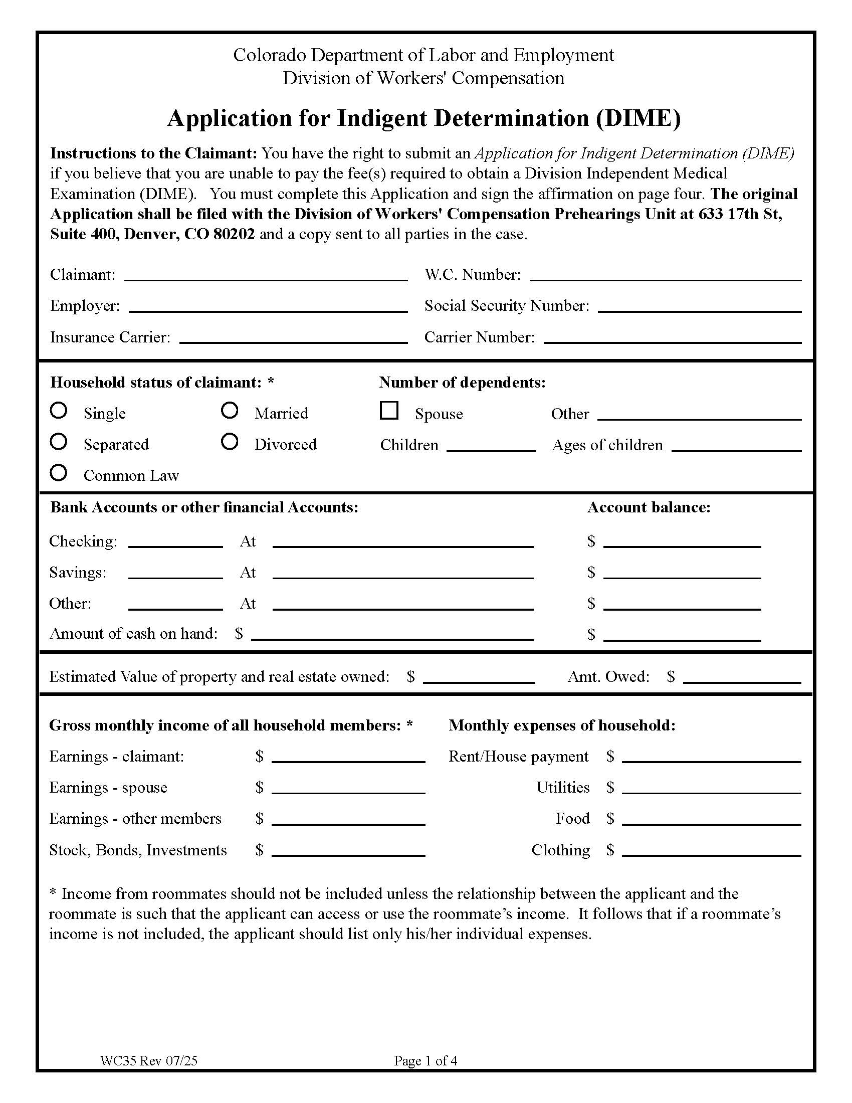 Application For Indigent Determination {WC35} | Pdf Fpdf Doc Docx | Colorado
