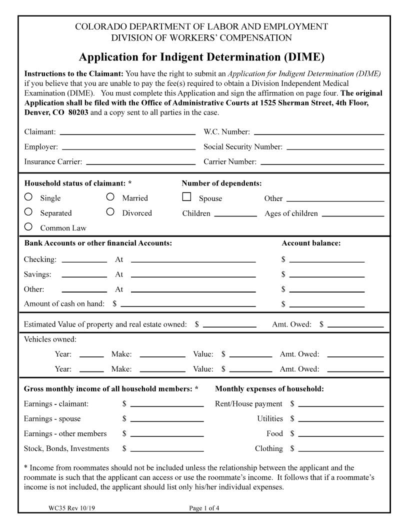 Application For Indigent Determination (IME) {WC35 IME} | Pdf Fpdf Doc Docx | Colorado