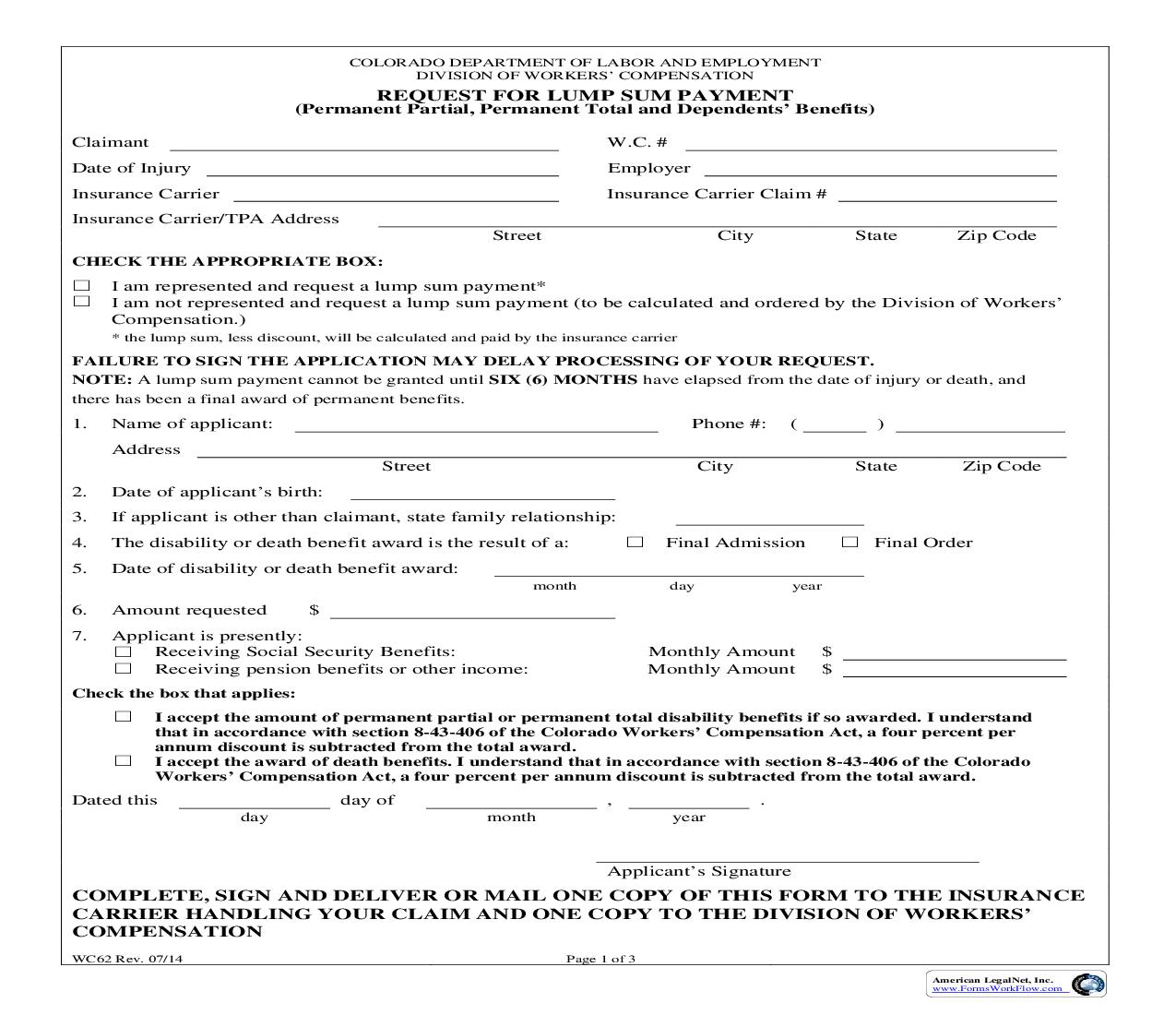Application For Lump Sum {WC62} | Pdf Fpdf Doc Docx | Colorado