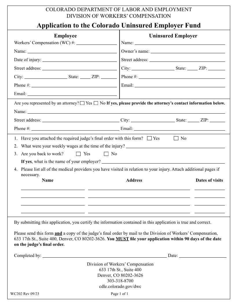 Application To Uninsured Employer Fund {WC202} | Pdf Fpdf Docx | Colorado