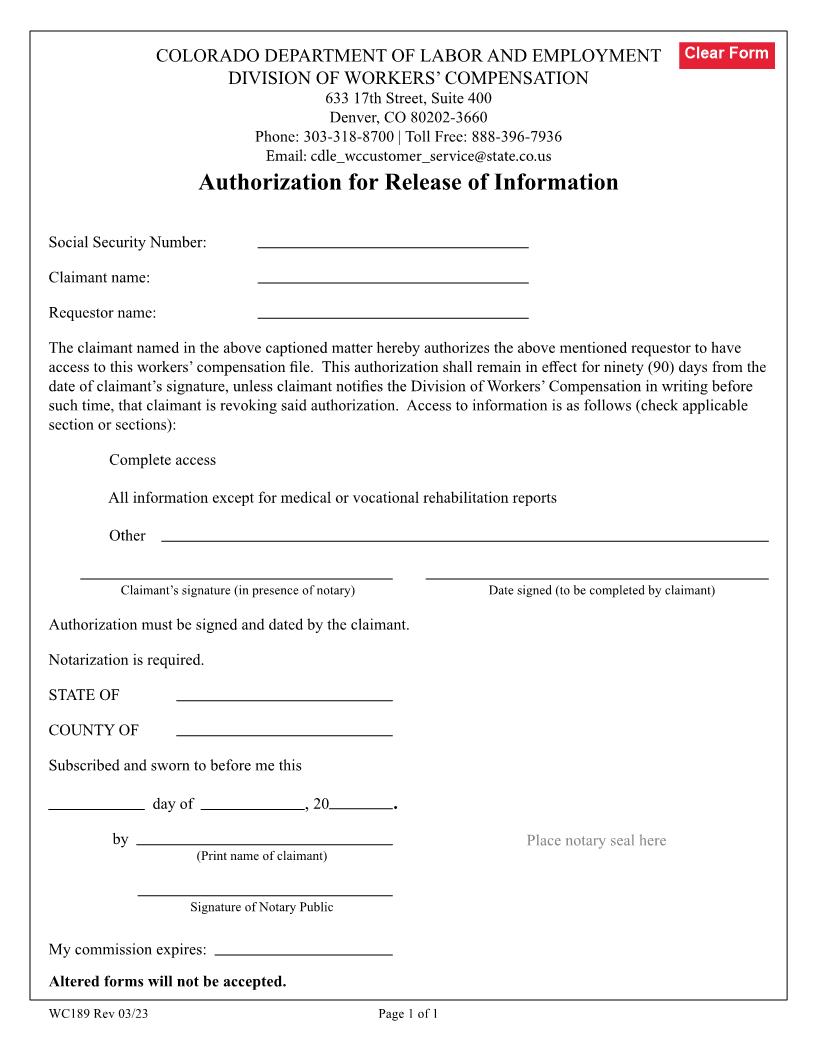 Authorization For Release Of Information {WC189}  | Pdf Fpdf Docx | Colorado