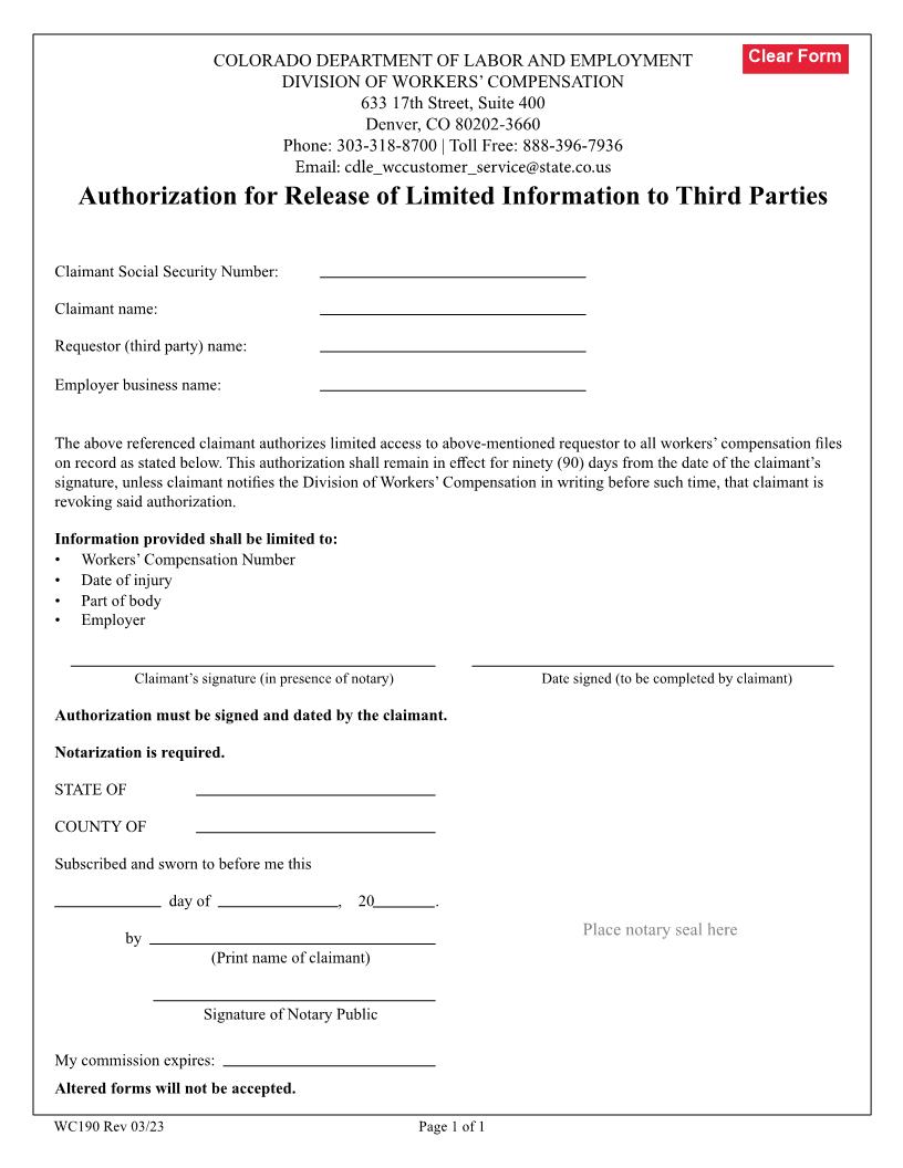 Authorization For Release Of Limited Information To Third Parties {WC190} | Pdf Fpdf Docx | Colorado