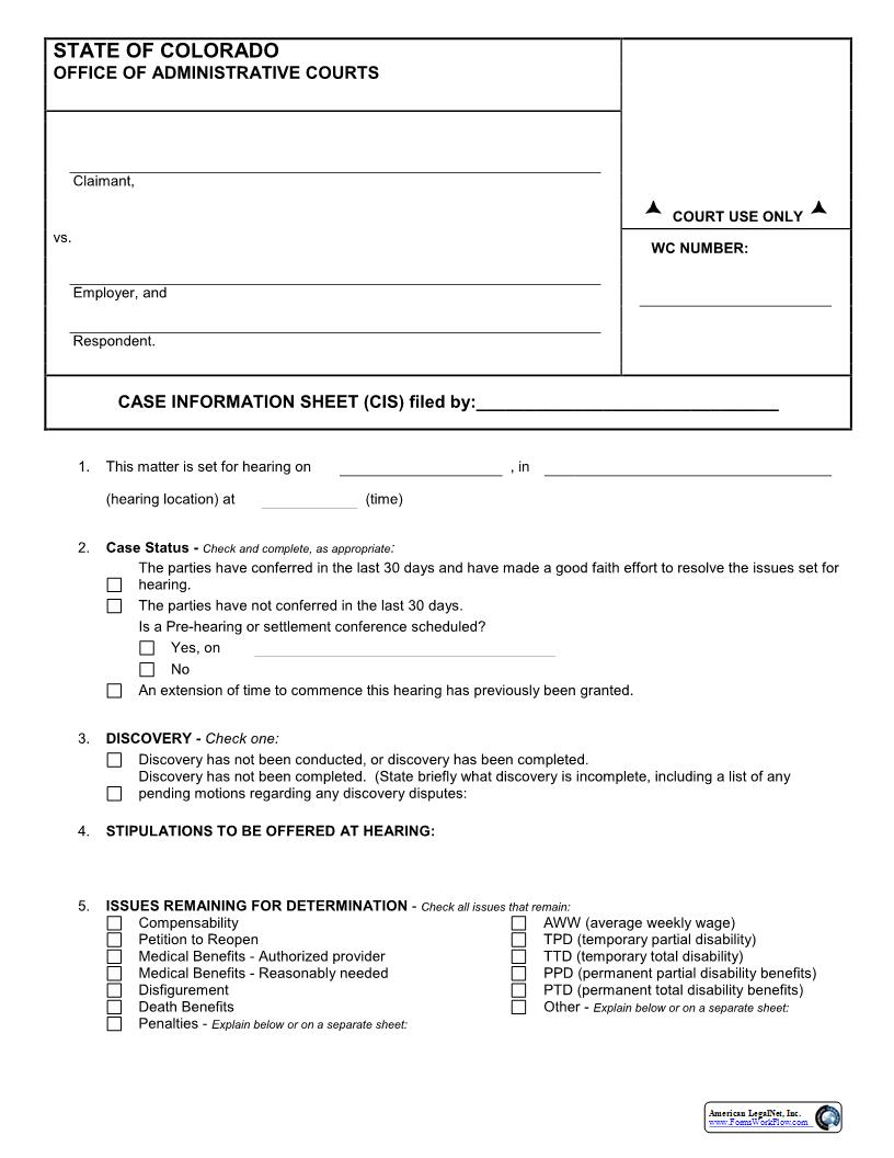 Case Information Sheet (CIS) | Pdf Fpdf Docx | Colorado