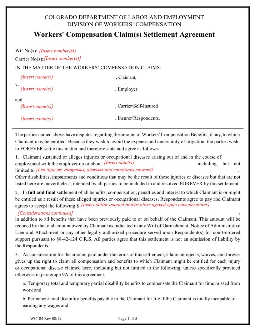 Claims Settlement Agreement {WC104} | Pdf Fpdf Docx | Colorado
