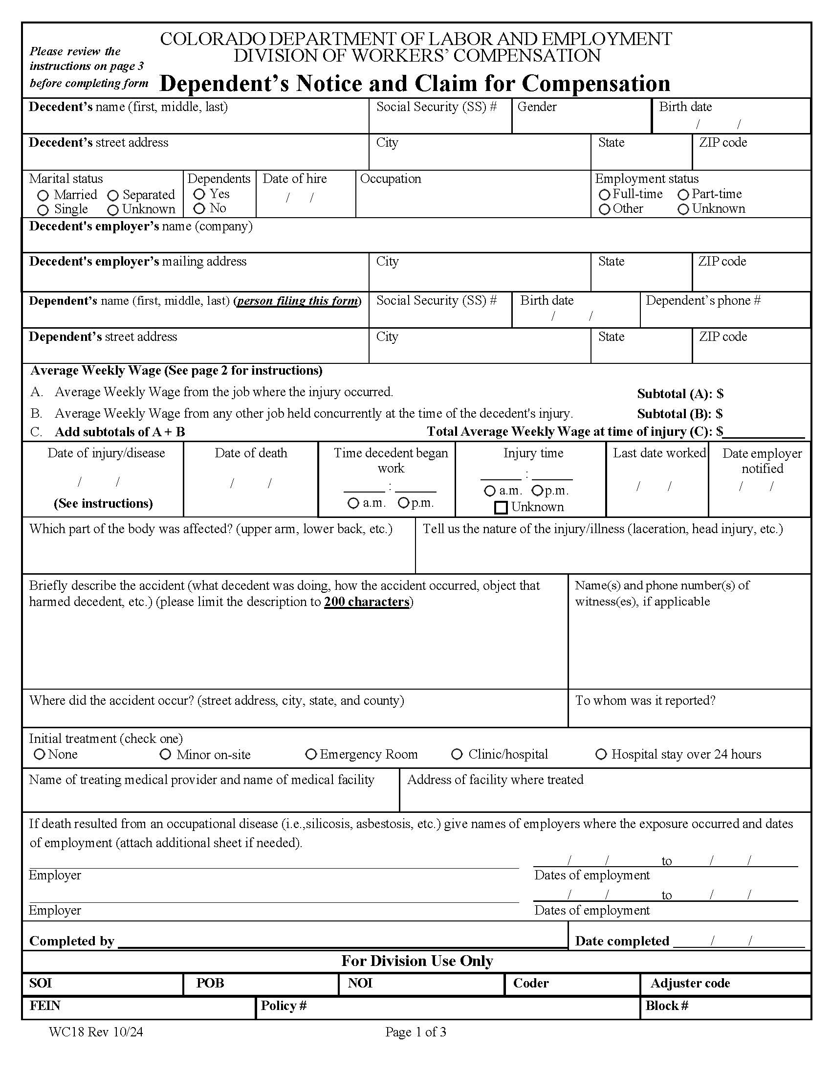 Dependents Notice and Claim for Compensation {WC18} | Pdf Fpdf Doc Docx | Colorado