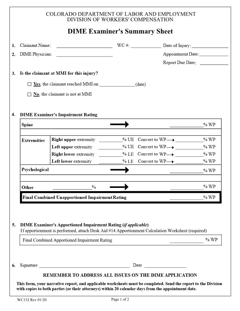 Division IME Examiners Summary Sheet {WC132} | Pdf Fpdf Docx | Colorado