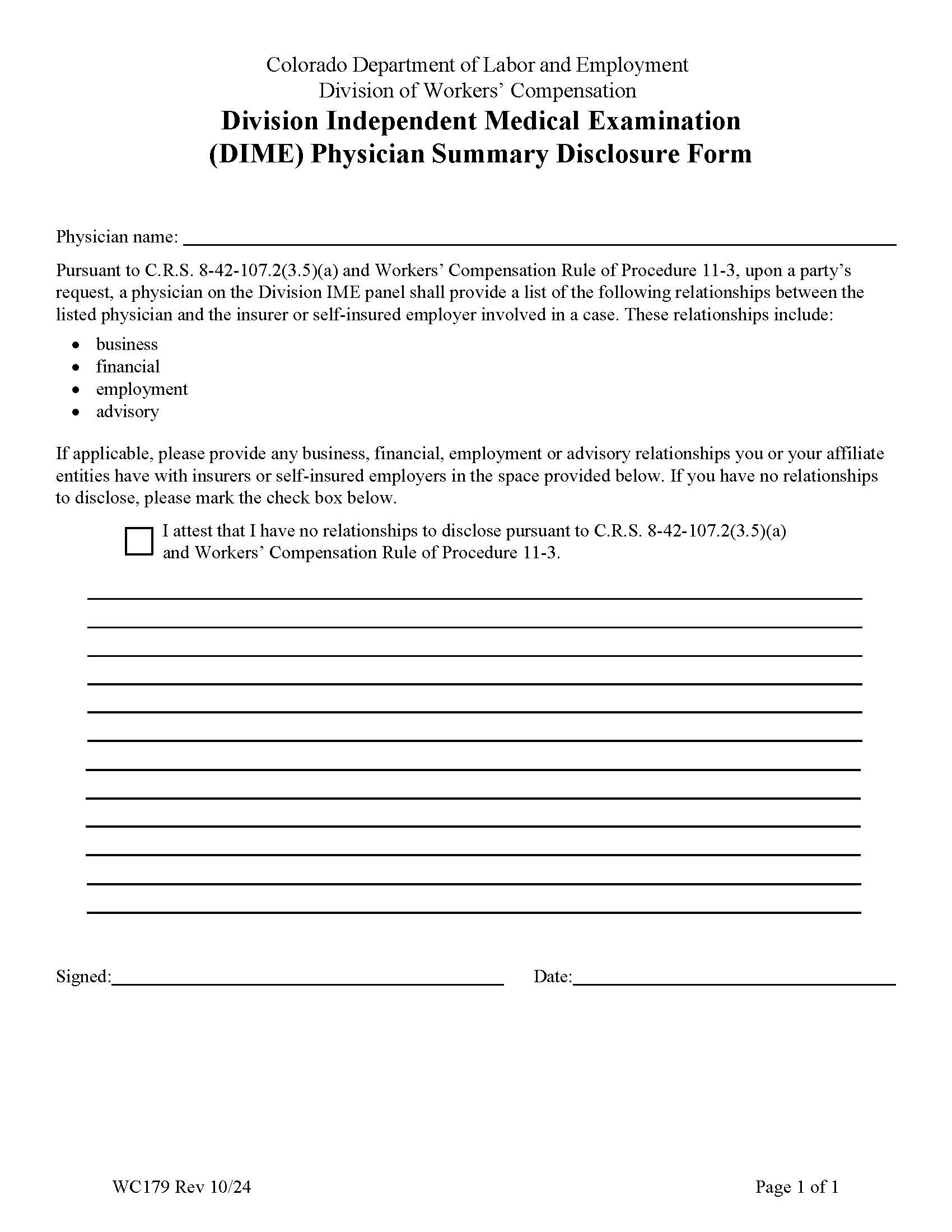 Division IME Physician Summary Disclosure Form (Insurer Or Self-Insured Employer) {WC179} | Pdf Fpdf Doc Docx | Colorado