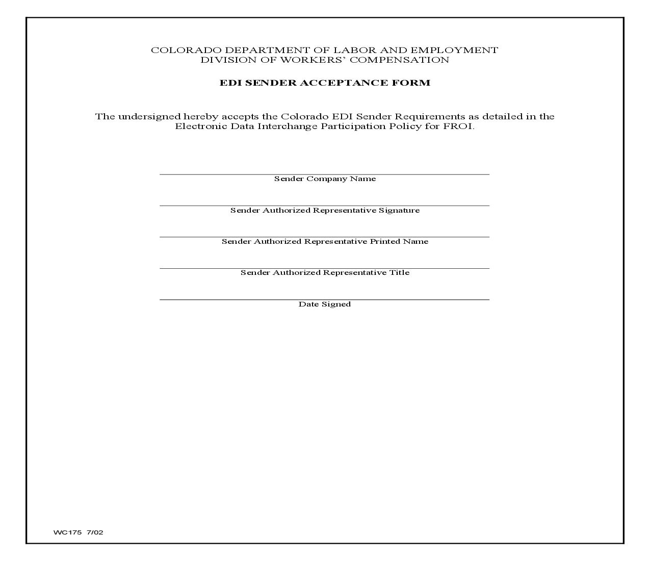 EDI Sender Acceptance Form {WC175} | Pdf Fpdf Doc Docx | Colorado