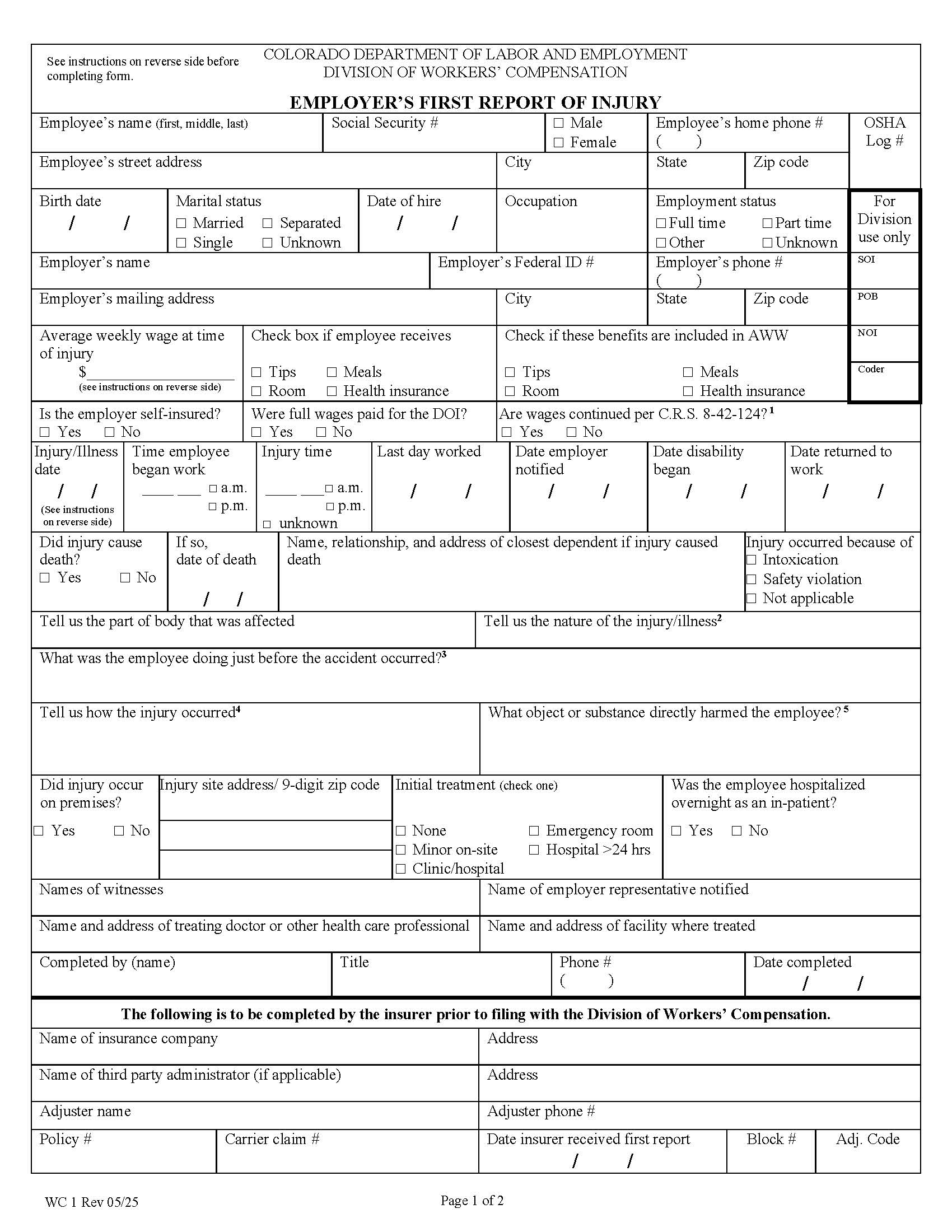 Employers First Report Of Injury {WC1} | Pdf Fpdf Doc Docx | Colorado