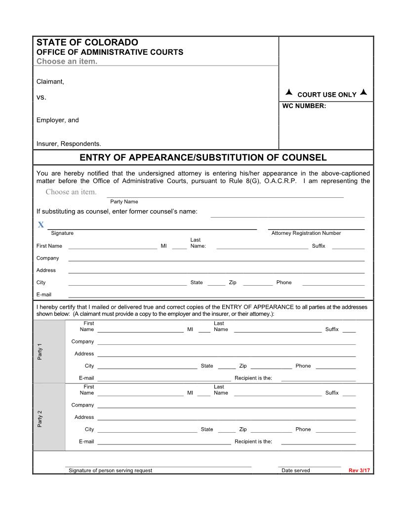 Entry Of Appearance Form (OAC) | Pdf Fpdf Docx | Colorado